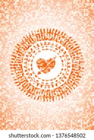 heart with arrow icon inside orange tile background illustration. Square geometric mosaic seamless pattern with emblem inside.