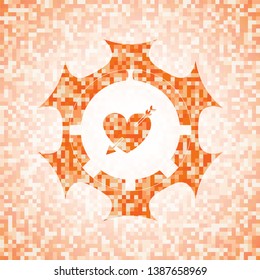 heart with arrow icon inside orange tile background illustration. Square geometric mosaic seamless pattern with emblem inside.