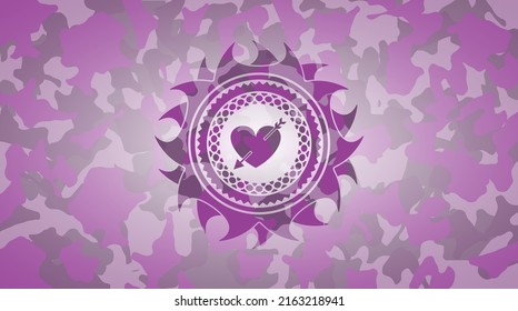 heart with arrow icon inside pink and purple camo texture. 