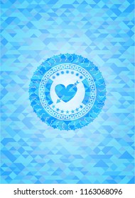 heart with arrow icon inside realistic light blue emblem. Mosaic background