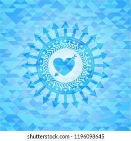 heart with arrow icon inside realistic light blue emblem. Mosaic background