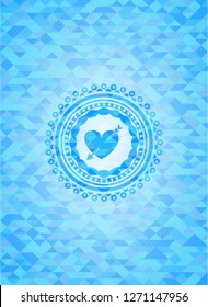 heart with arrow icon inside realistic sky blue mosaic emblem