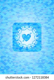 heart with arrow icon inside realistic light blue emblem. Mosaic background