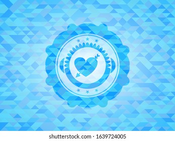 heart with arrow icon inside realistic sky blue mosaic emblem