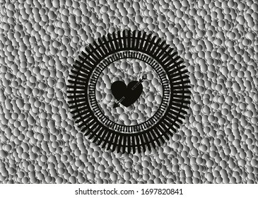 heart with arrow icon inside realistic dark emblem with grey bubbles background. Vector Illustration. Detailed.