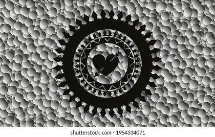 heart with arrow icon inside realistic dark emblem with grey bubbles background. Vector Illustration. Detailed. 