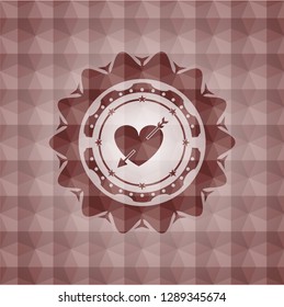 heart with arrow icon inside red geometric emblem. Seamless.