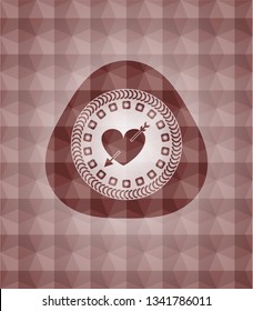 heart with arrow icon inside red seamless emblem with geometric pattern background.