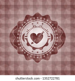 heart with arrow icon inside red seamless emblem with geometric background.