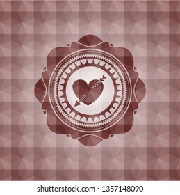 heart with arrow icon inside red seamless geometric pattern emblem. Seamless.
