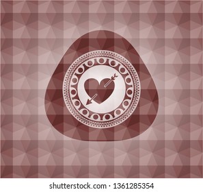 heart with arrow icon inside red emblem with geometric background. Seamless.