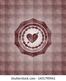 heart with arrow icon inside red badge with geometric pattern. Seamless.
