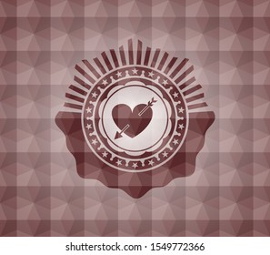 heart with arrow icon inside red emblem or badge with geometric pattern background. Seamless.
