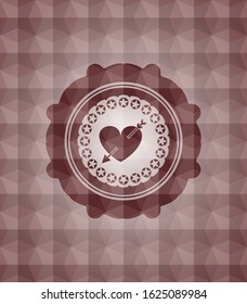 heart with arrow icon inside red seamless geometric pattern emblem. Seamless.