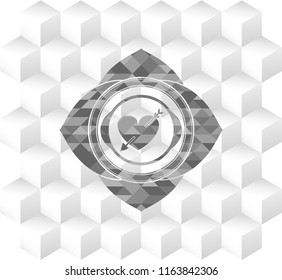 heart with arrow icon inside retro style grey emblem with geometric cube white background
