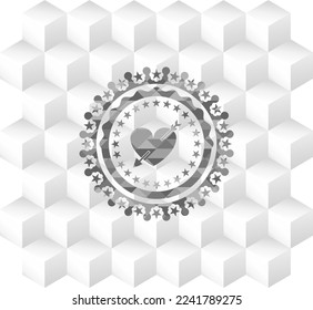 heart with arrow icon inside retro style grey emblem with geometric cube white background. 