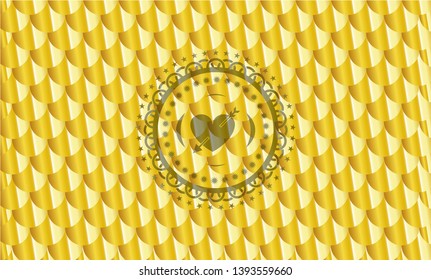 heart with arrow icon inside shiny golden badge. Scales pattern. Vector Illustration. Detailed.