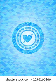 heart with arrow icon inside sky blue emblem with triangle mosaic background