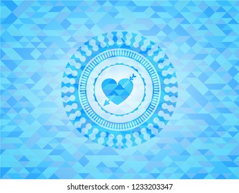 heart with arrow icon inside sky blue emblem with mosaic background