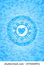 heart with arrow icon inside sky blue emblem. Mosaic background. 