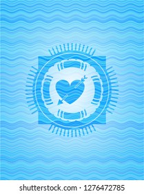 heart with arrow icon inside water wave concept badge background.