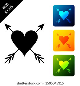 Heart with arrow icon isolated on white background. Happy Valentine's day. Cupid dart pierced to the heart. Love symbol. Amour symbol. Set icons colorful square buttons. Vector Illustration