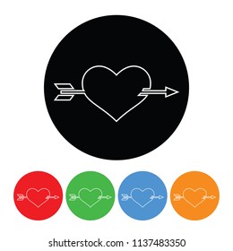 Heart with arrow icon in a modern thin line outline style vector circle arrow through heart cupid love sign or symbol with four color variations