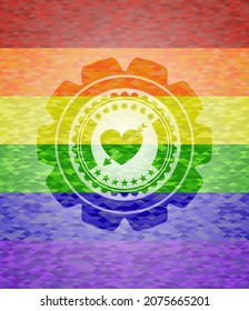 heart with arrow icon on mosaic background with the colors of the LGBT flag. 