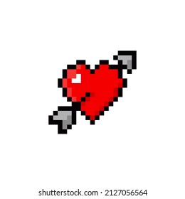 Heart arrow Icon. Pixel art style. Greeting card design for wedding, love and Valentine's Day. Knitted style. Embroidery design. Isolated vector illustration. Heart with cupids arrow pixel art.