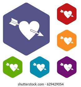 Heart with arrow icons set hexagon isolated vector illustration