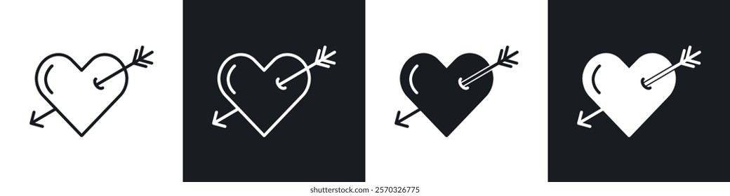 Heart with arrow icons vectors set in black. line and flat versions