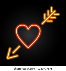 Heart and arrow light neon sign, modern banner design, colorful trend of modern design on black background. Vector illustration.