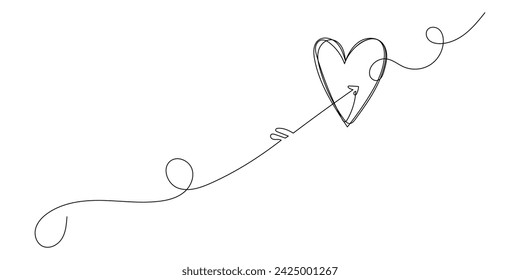 Heart And Arrow Line Art Curve Doodle Illustration. One Thin Editable Line Heart Shape Symbol Icon Isolated  White. Line Simple Vector Valentine Day Decoration Card Invitation Poster Print Line Design