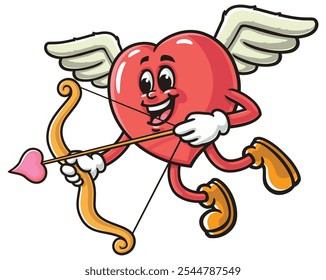 Coração Com Seta de Amor e estilo Cupido, Amor Coração Cartoon Mascote Ilustração Personagem Vetor Clip-art Desenhado à mão Logo Design