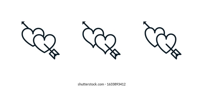 Heart with arrow, love, valentine's day outline icons. Vector illustration. Editable stroke. Isolated icon suitable for web, infographics, interface and apps.
