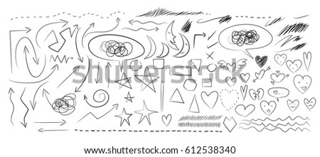Heart, arrow, moon Hand drawn elements vector set illustration