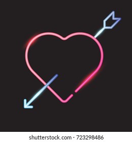 Heart with arrow, neon design, vector illustration