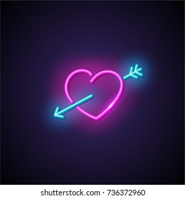 Heart and arrow neon sign. Vector illustration.