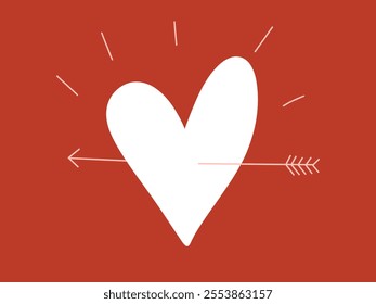 Heart with arrow on red background. Romantic postcard for Valentine's day. Vector illustration