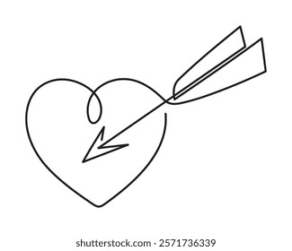 Heart and arrow one line art,hand-drawn continuous contour.Love feelings concept,festive design romantic element Valentine's Day simple minimalist design.Editable stroke. Isolated.Vector illustration