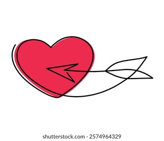 Heart and arrow one line art,hand-drawn continuous contour.Love feelings concept,festive design romantic element Valentine's Day simple minimalist design.Editable stroke. Isolated.Vector illustration