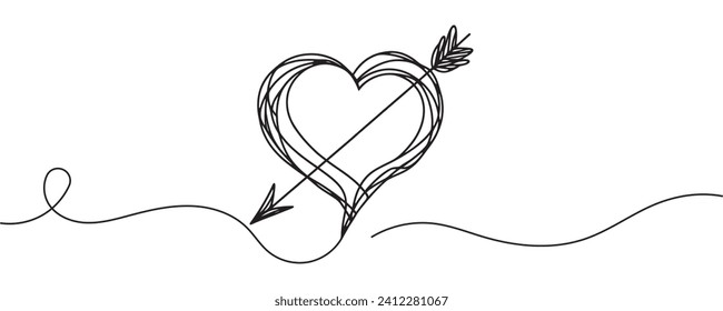 Heart and arrow in one line. vector illustration. Valentine's day, minimalistic heart in one line, love symbol, cupid symbol.