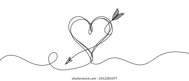 Heart and arrow in one line. vector illustration. Valentine's day, minimalistic heart in one line, love symbol, cupid symbol.