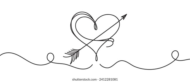 Corazón y flecha en una línea. ilustración vectorial. Día de San Valentín, corazón minimalista en una línea, símbolo de amor, símbolo cupido.