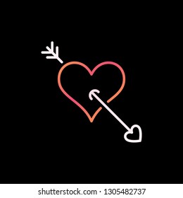 Heart with Arrow outline colorful icon. Vector Valentines Day or Arrow of Cupid concept line sign on dark background