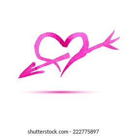 Heart with arrow. Pink watercolor concept for fall in love. Vector illustration.