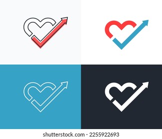 Heart with an arrow pointing up. Vector icon graphic design in 4 different styles. Minimal stylized. Concepts of health, romance or positive brands
