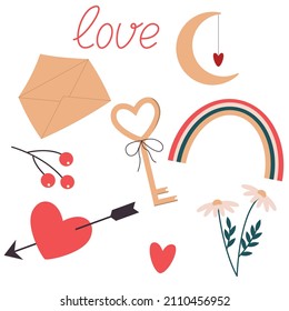heart with arrow rainbow envelop moon key flower romantic collection for valentines day