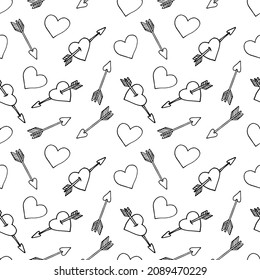 heart and arrow seamless pattern hand drawn doodle. vector, scandinavian, minimalism. wallpaper, textile, wrapping paper, background. love romance valentine day