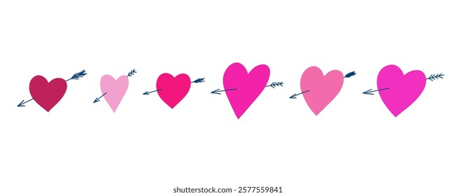 Heart with arrow set. Doodle card hand drawn Valentine's Day heart illustration. Stock vector cartoon flat illustration isolated on a white background.